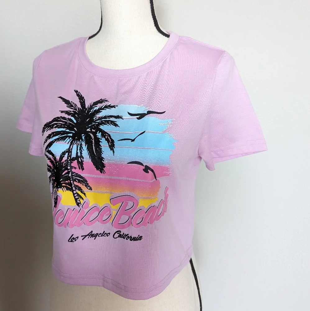 Venice Beach pastel purple pink yellow and blue graphic cropped tee size L - Picture 6 of 8